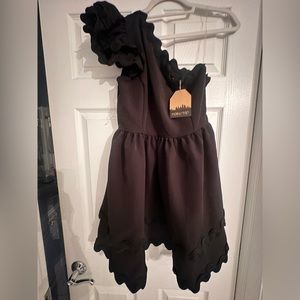 Black one shoulder mini dress with scalloped trim